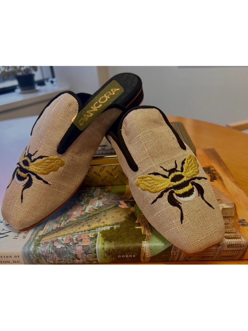Pancora Beige Linen Bee Embroidered Women's Slip-On Mules